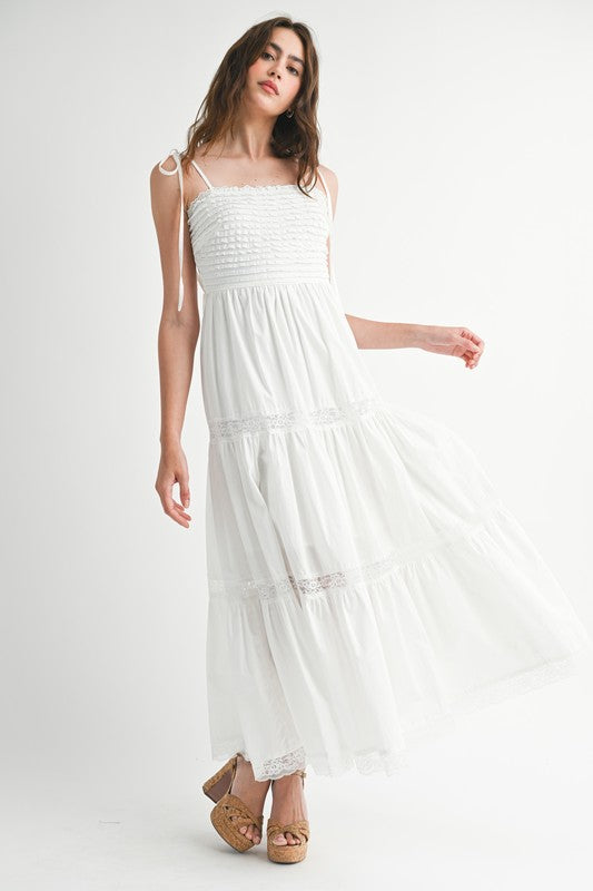 Ruffled textured bodice self tie lace trim midi dress