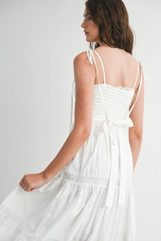 Ruffled textured bodice self tie lace trim midi dress