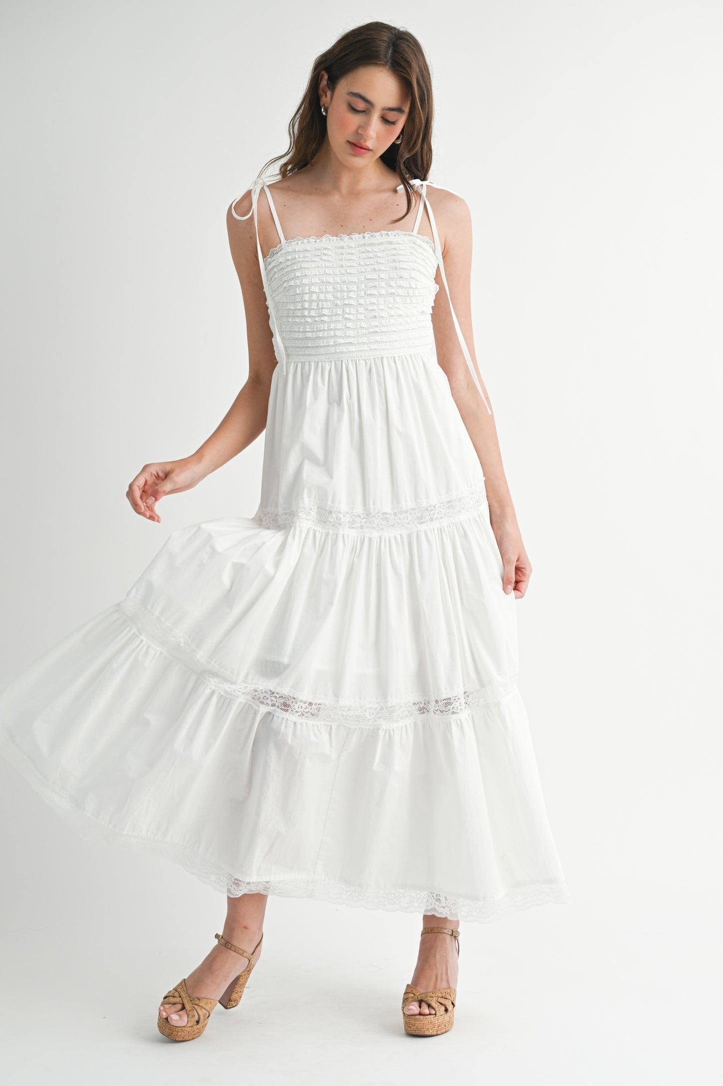 Ruffled textured bodice self tie lace trim midi dress