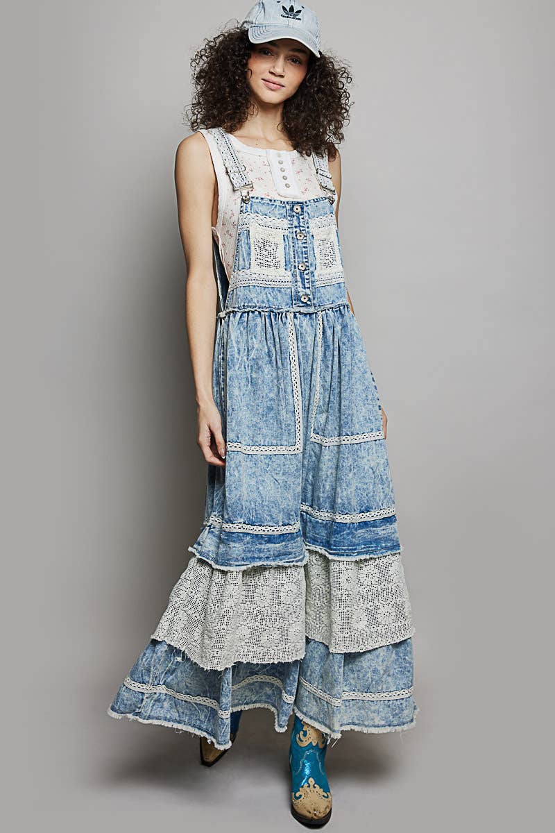 SEPT  SHIP  POL Crochet Pockets Ruffle Denim Long Overall Dress