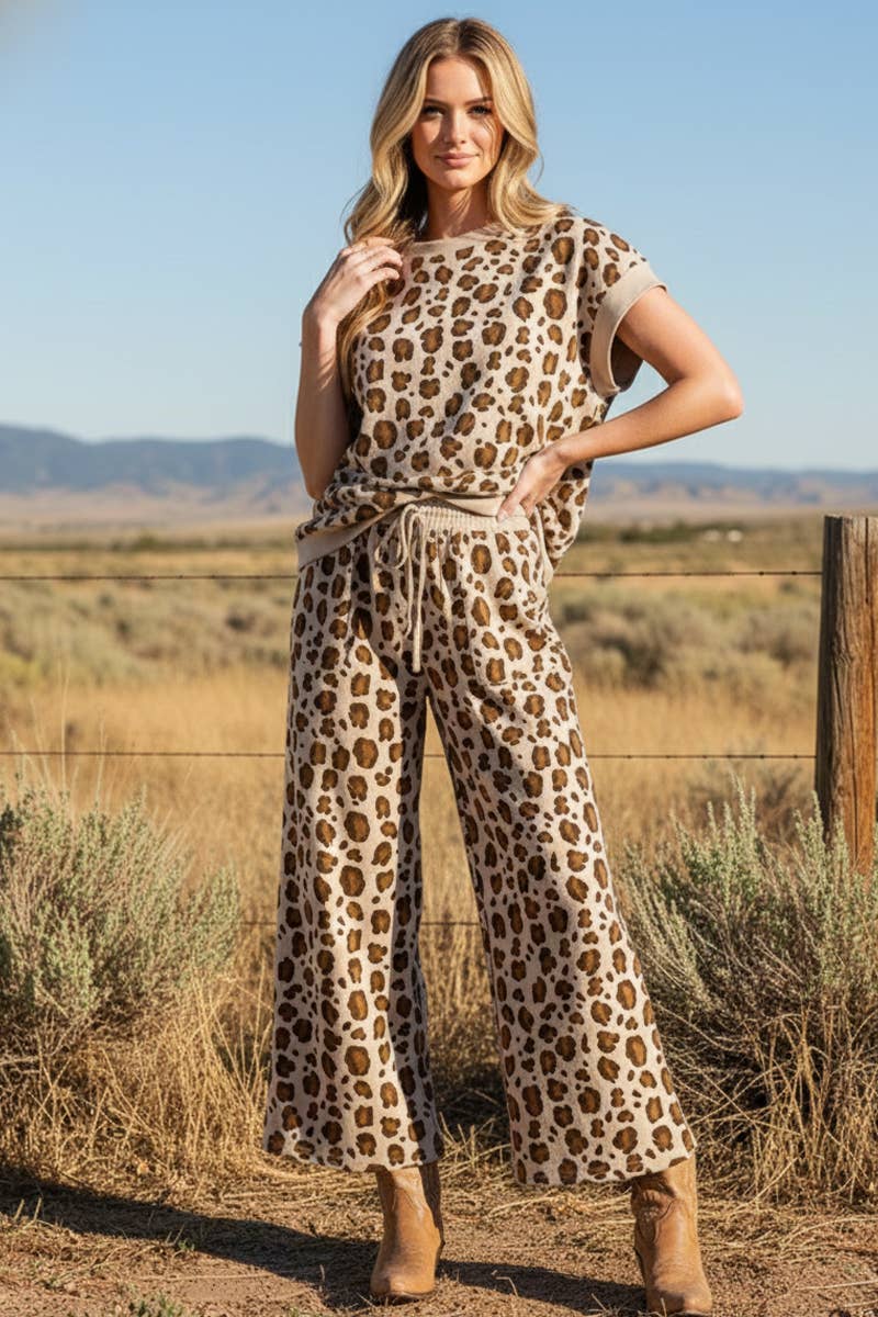 LEOPARD PRINT SCUBA TOP AND PANTS SETS