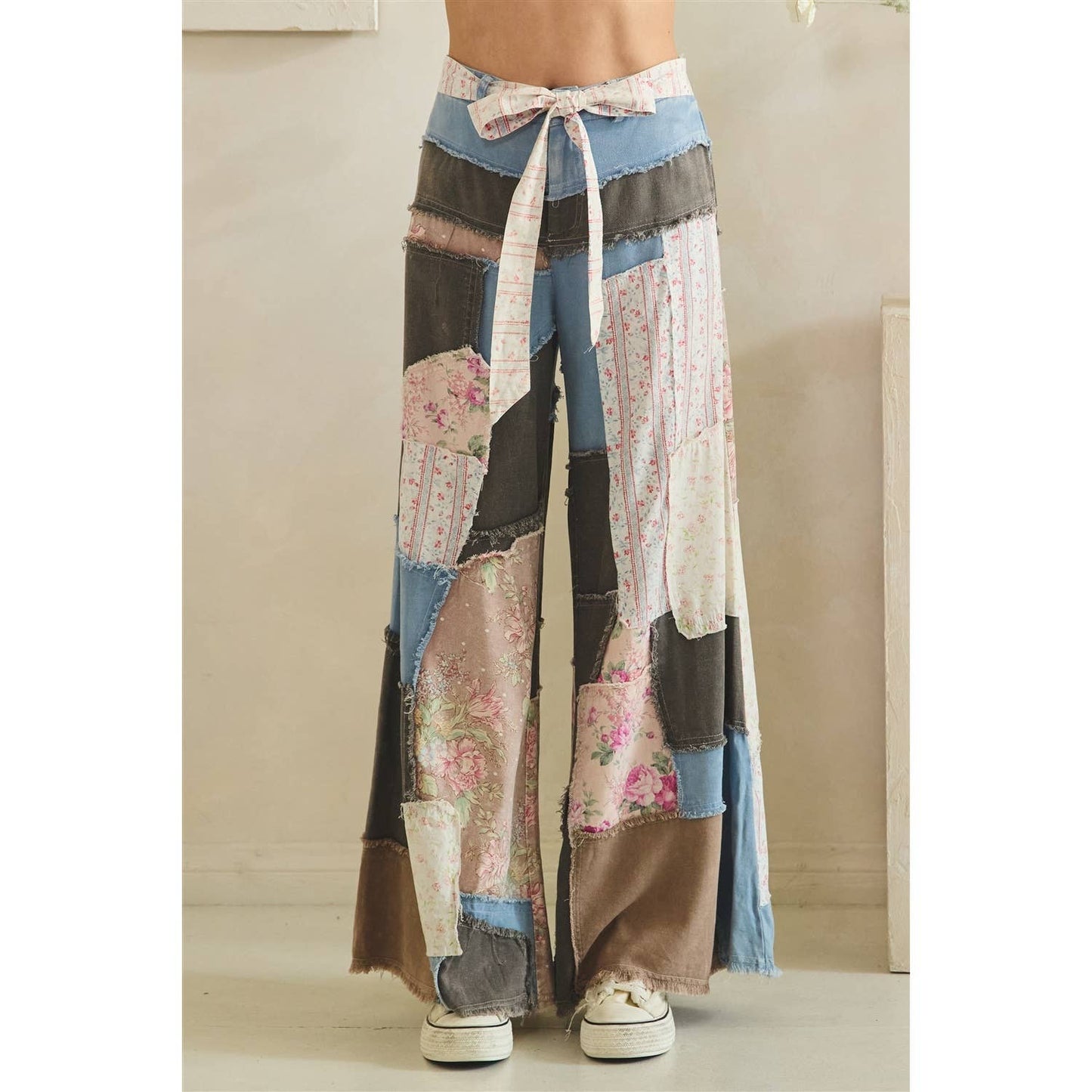 WASHED FLORAL PATCHWORK FLARE PANTS