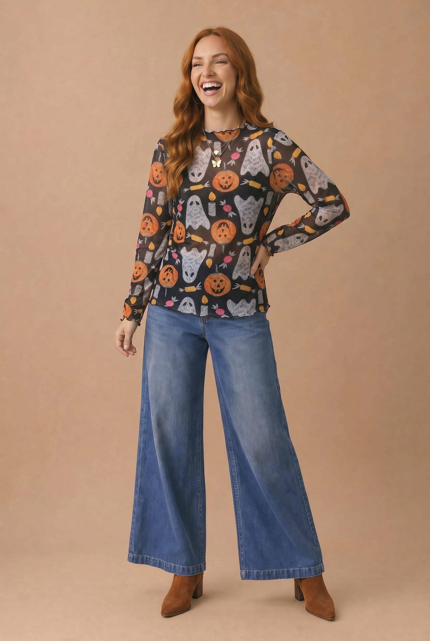 High Neck Pumpkin Ghost Merrow Hem Mesh Top: BLACK / S