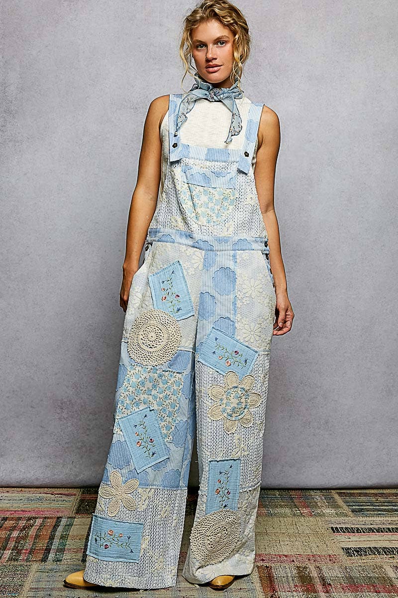 POL Floral Patch Stitch Detail Wide Leg Woven Overalls
