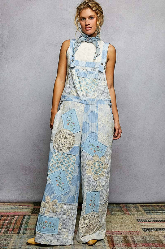 POL Floral Patch Stitch Detail Wide Leg Woven Overalls