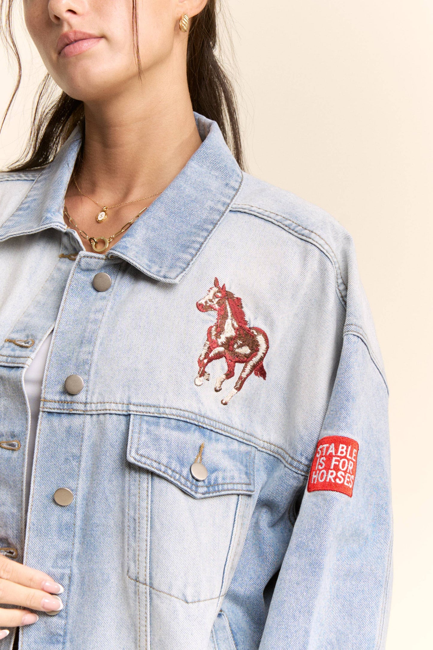 EMBROIDERED WESTERN DENIM TRUCKER JACKET: Light Denim smalls are July SHIP!