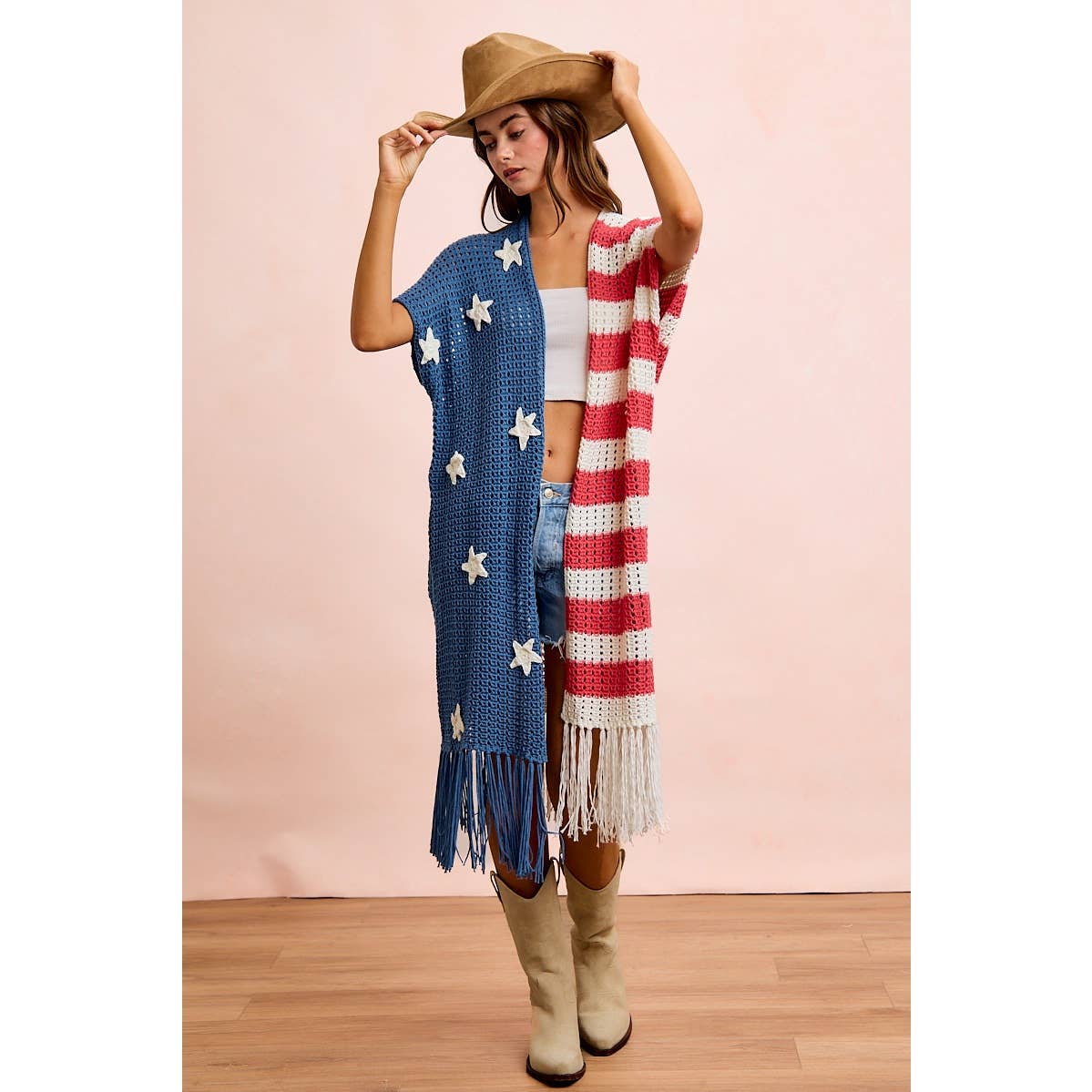 4TH OF JULY AMERICAN FLAG OPEN KNIT CARDIGAN