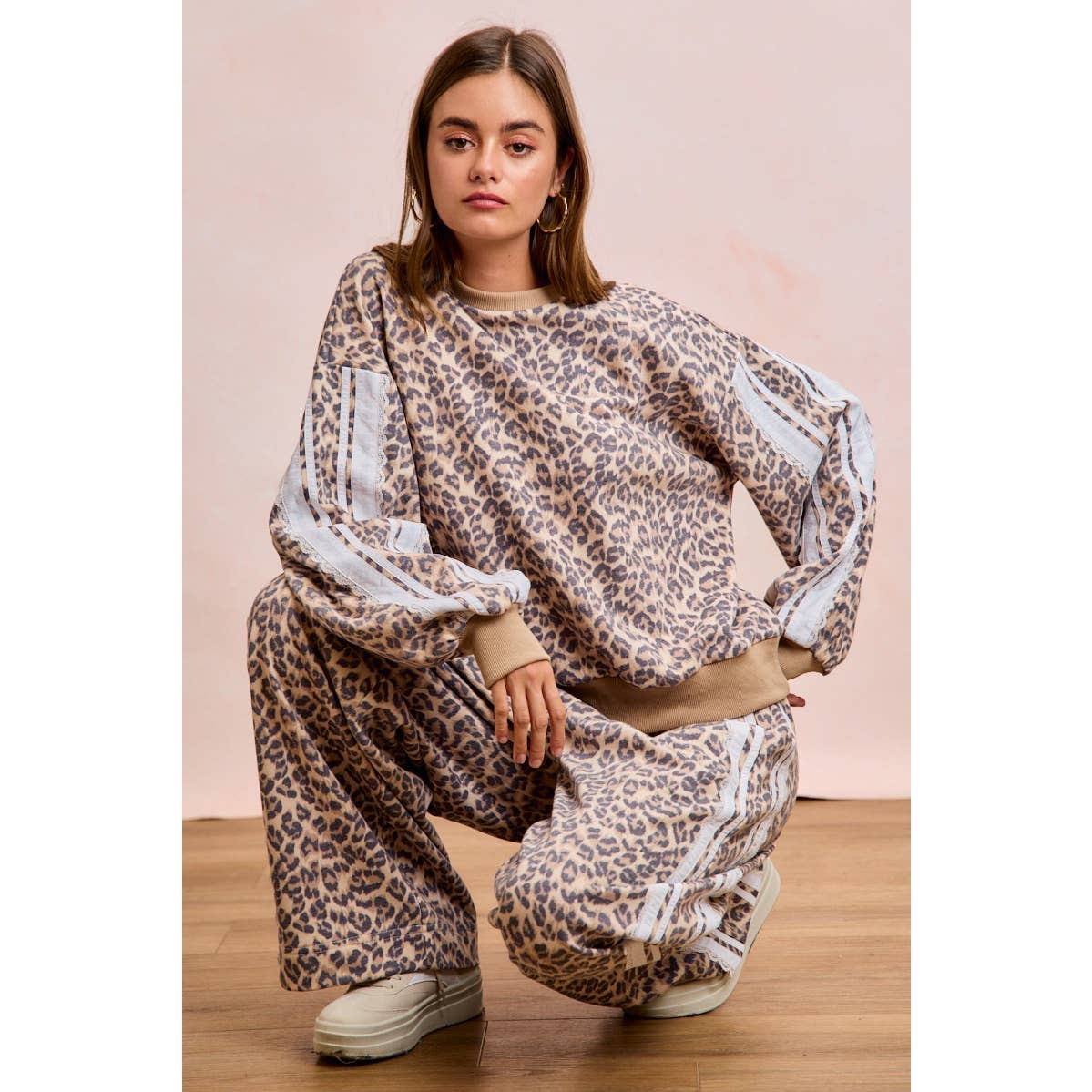 LEOPARD FRENCH TERRY LACE CONTRAST SWEATSHIRT TOP: LEOPARD