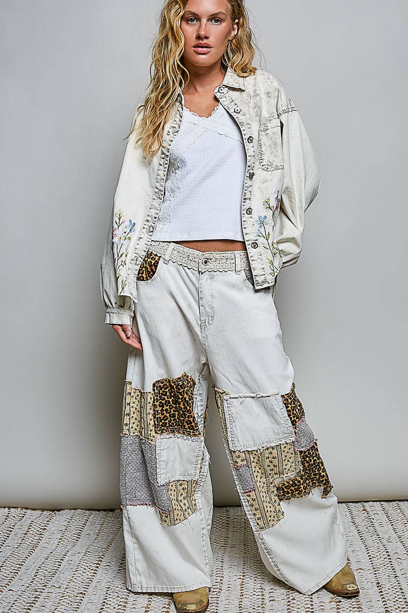 JULY SHIP Handcrafted Vintage DIY Patchwork-Style Waistband Wide Pant: NATURAL MULTI