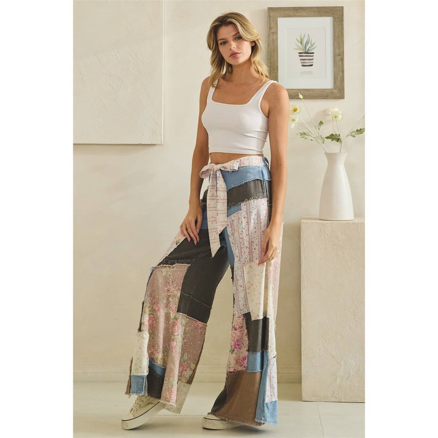 WASHED FLORAL PATCHWORK FLARE PANTS