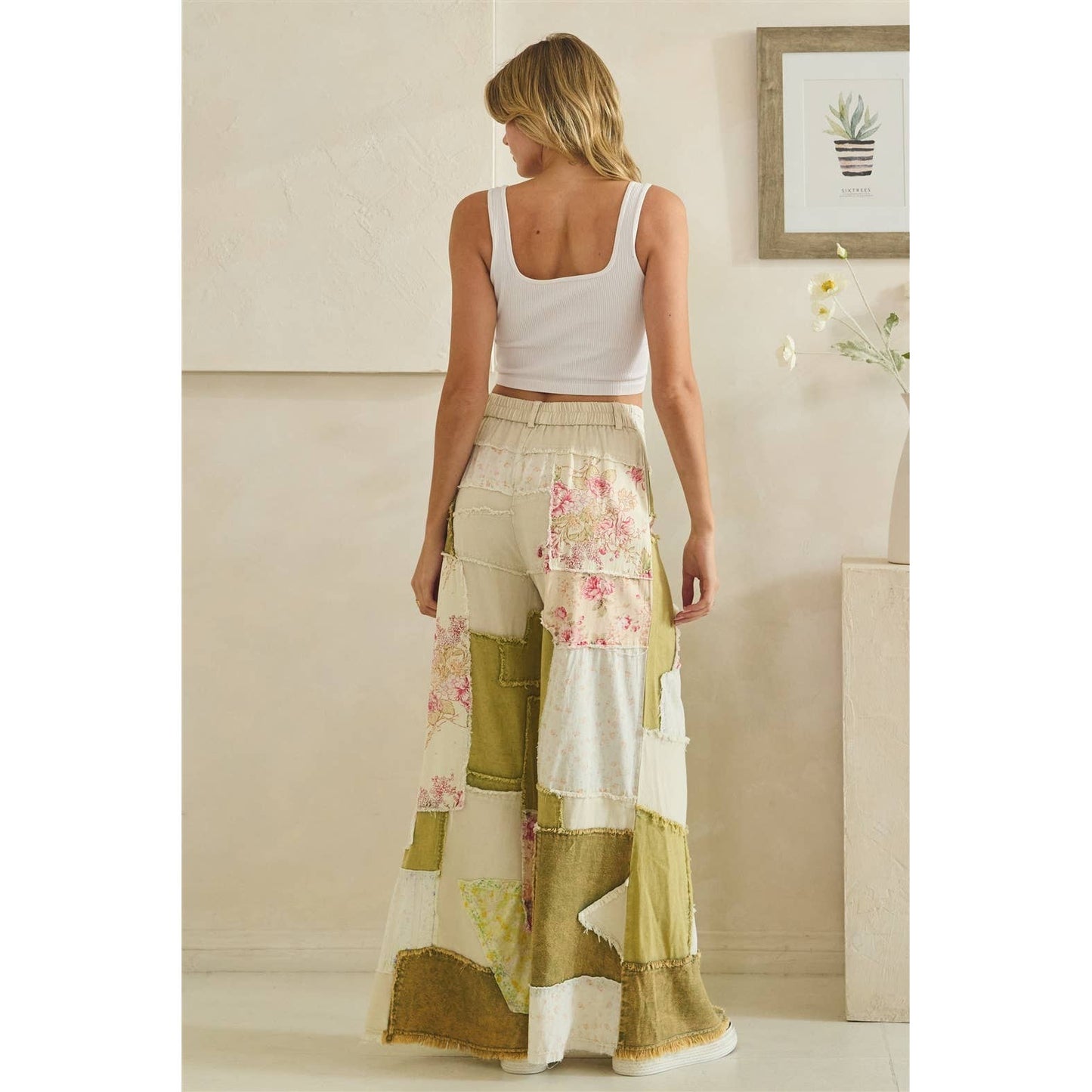 WASHED FLORAL PATCHWORK FLARE PANTS