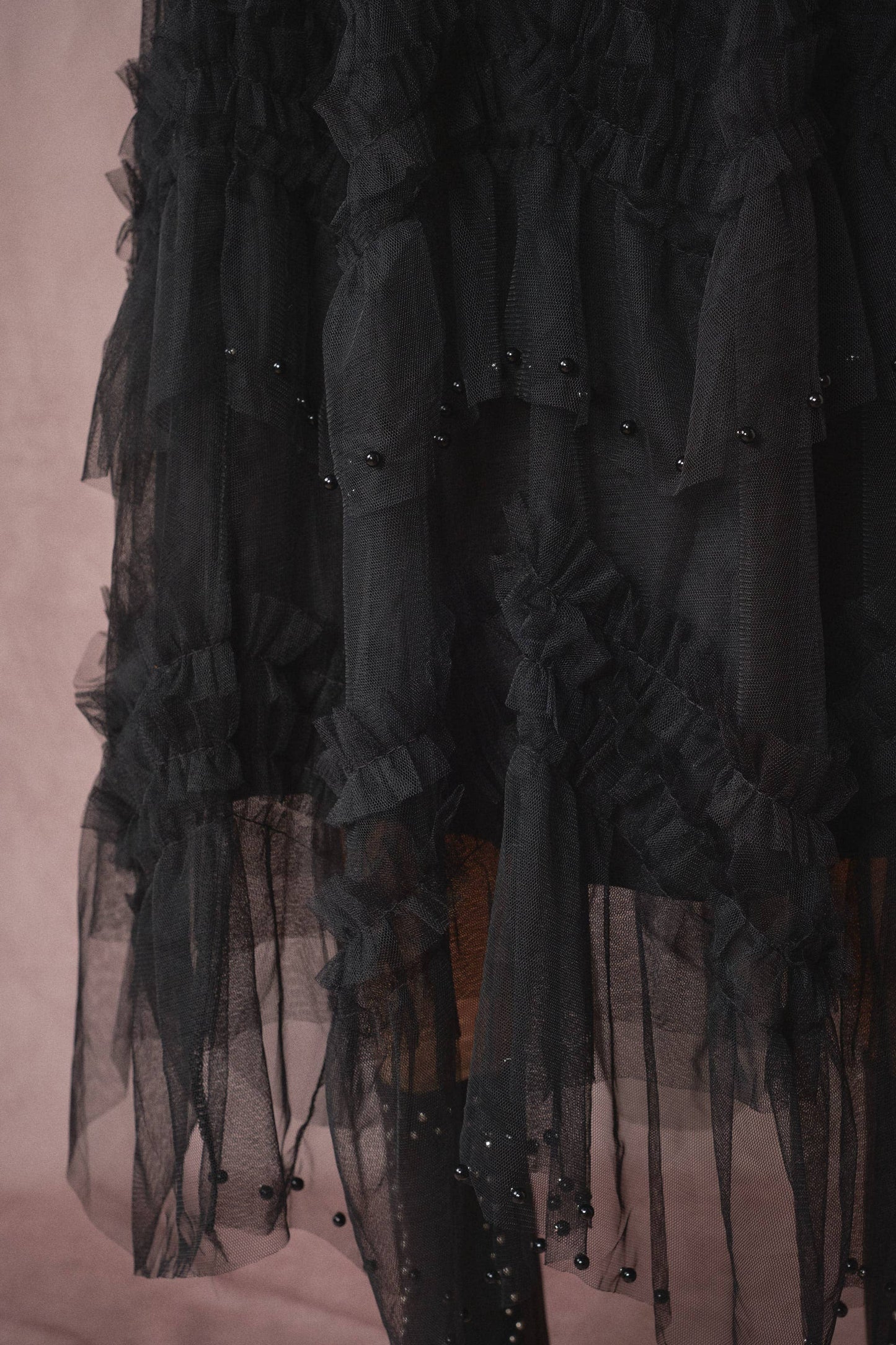 Black Tiered Ruffle Tulle Skirt With Pearls