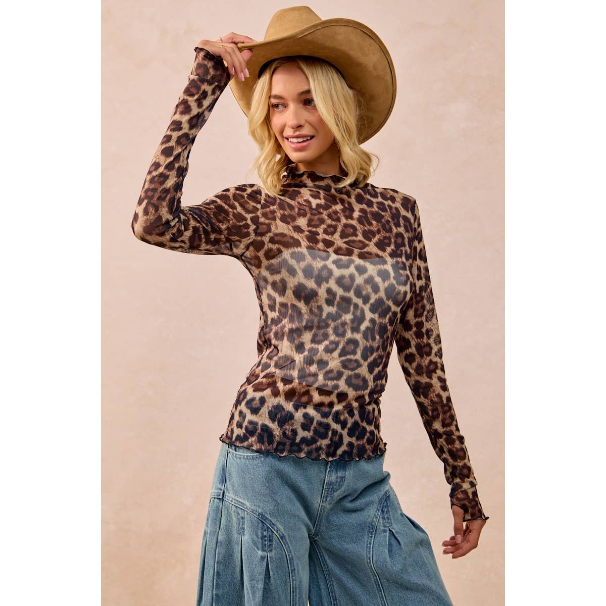 AUG SHIP MESH LEOPARD PRINTED TOP WITH LONG SLEEVES: LEOPARD