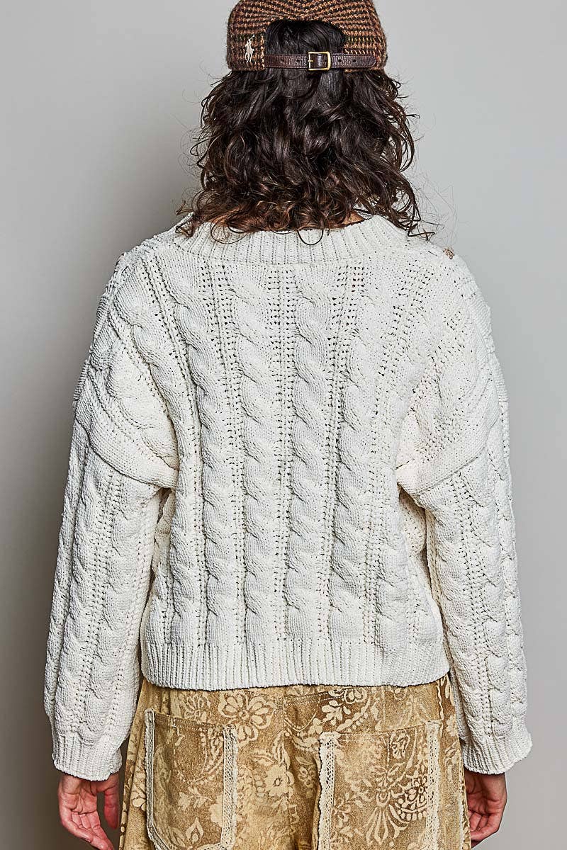 Chenille V Neck Balloon Sleeve Tie Detail Sweater Top: CREAM