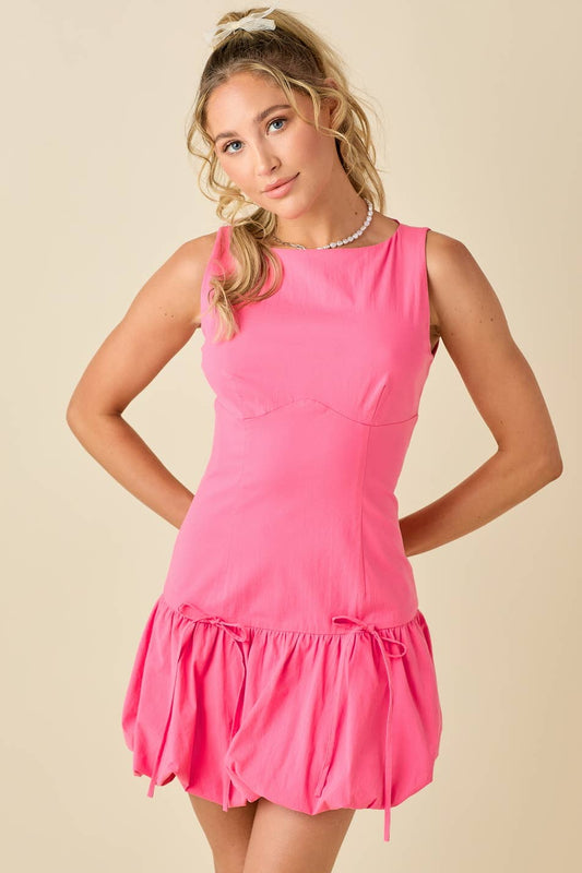 Boat neckline mini dress with bubble hem & ribbon
