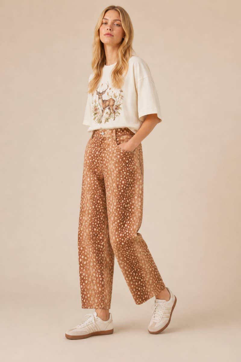 The Fawn Print Barrel Fit Pants: BAMBI BROWN