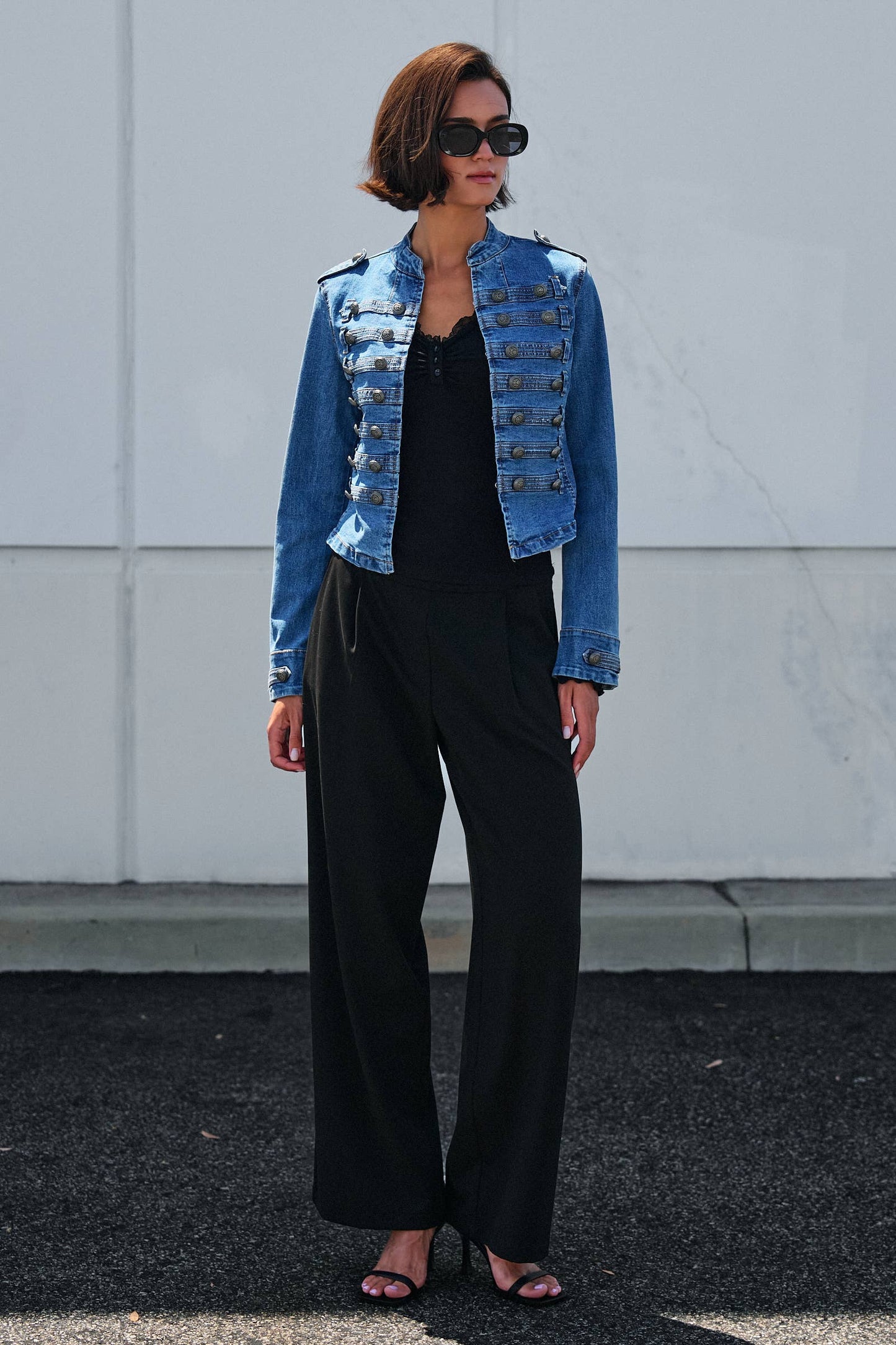 Military Double-Button Denim Jean Jacket: Blue