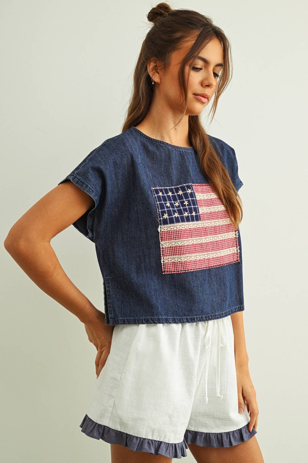 T6928   MIXED FABRIC FLAG PATCHED DOLMAN SLEEVE TOP
