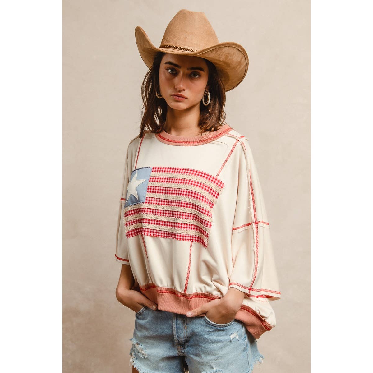 AMERICAN FLAG PATCHWORK OVERLOCK STITCH TOP