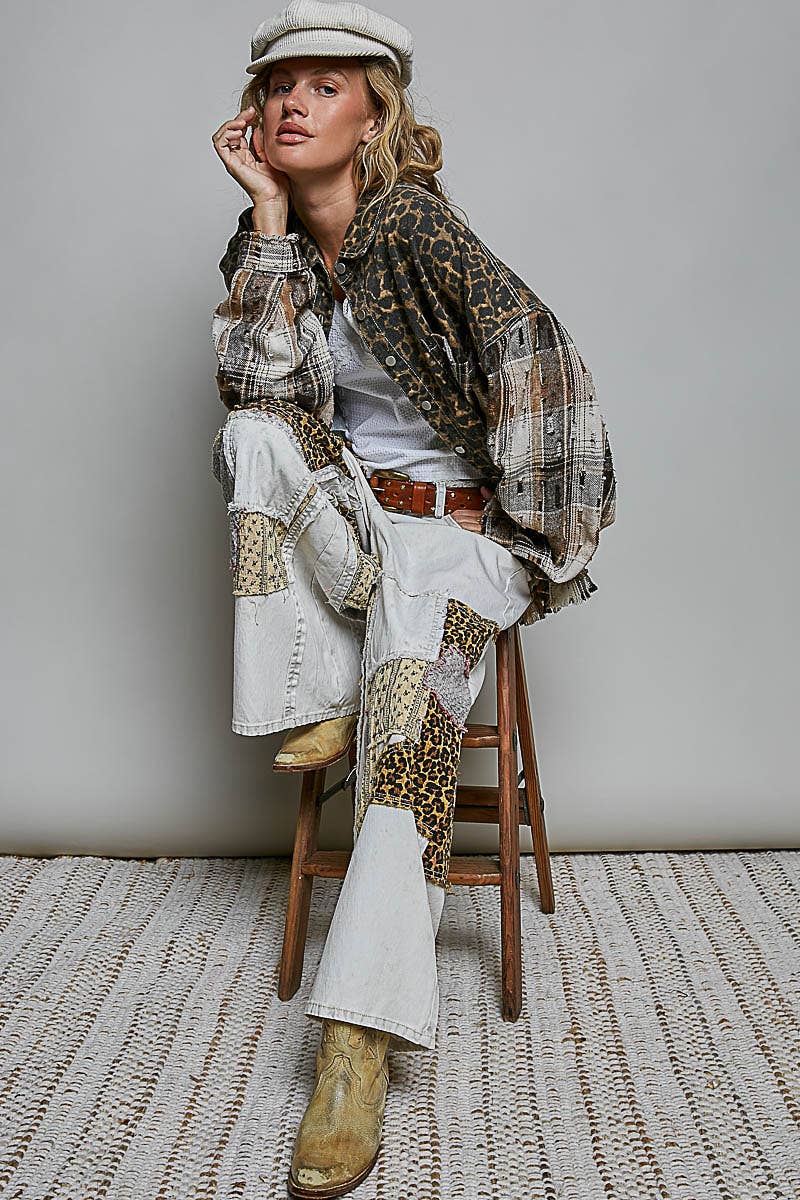 JULY SHIP Allover Print Pattern Raw-Edge Fringe Trim Shirt Jacket: CHOCO MULTI