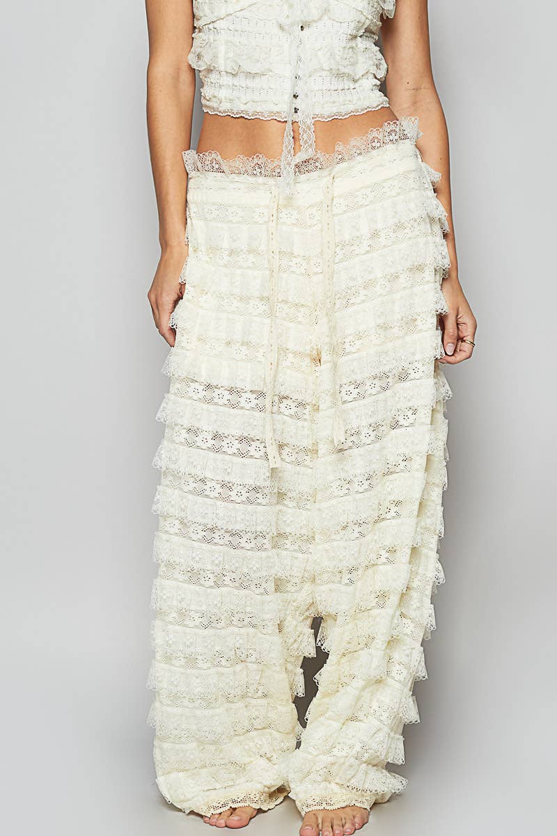 JUNE SHIP POL Solid lace trim detail woven wide pants