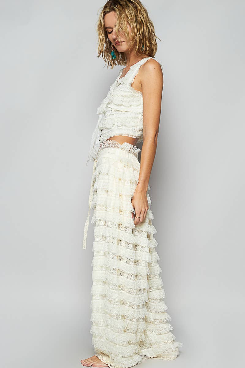 JUNE SHIP POL Solid lace trim detail woven wide pants
