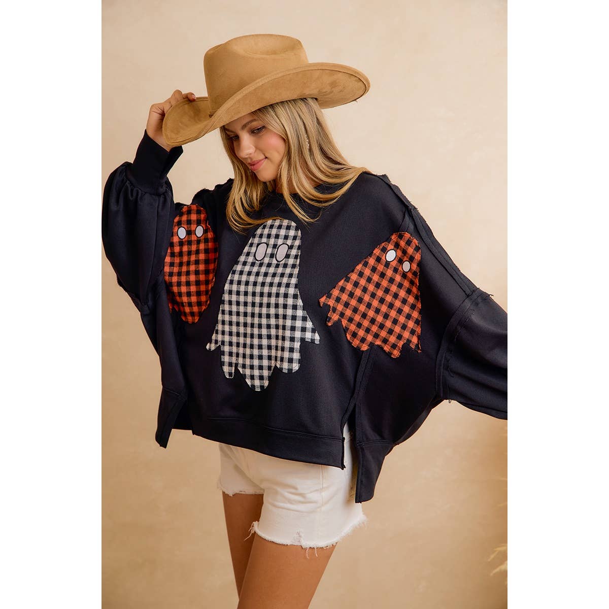 OCT 1st SHIP OVERSIZED PLAID GHOST APPLIQUE HALLOWEEN SWEATSHIRT: BLACK
