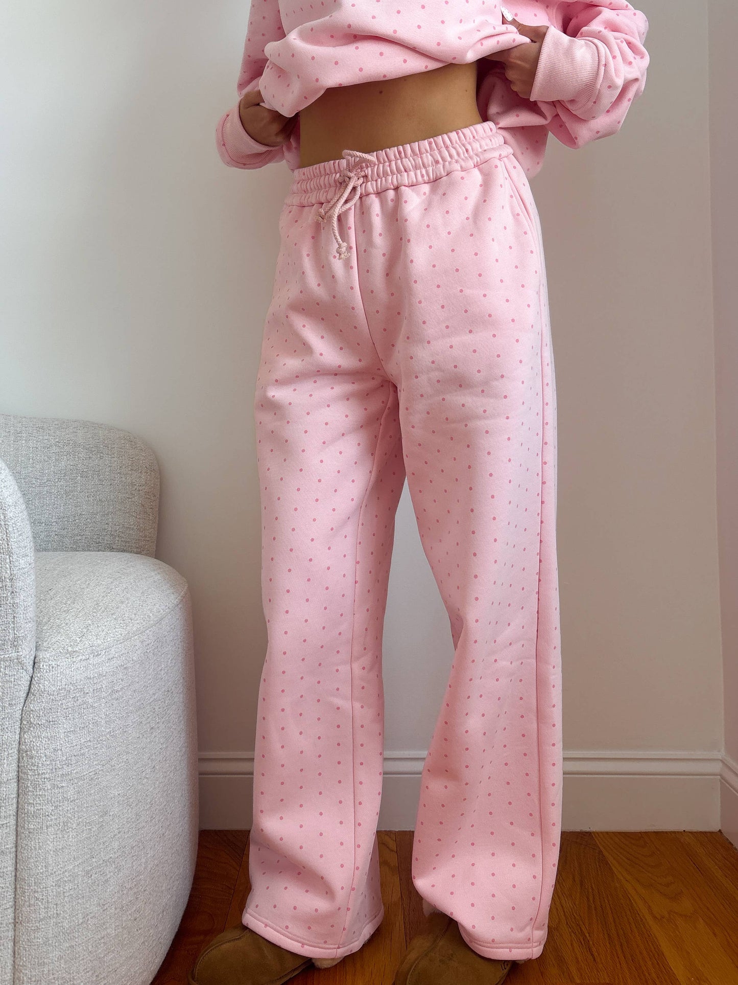 JUNE SHIp Sunkissed Coconut Light Pink Polka Dot Flare Sweatpants