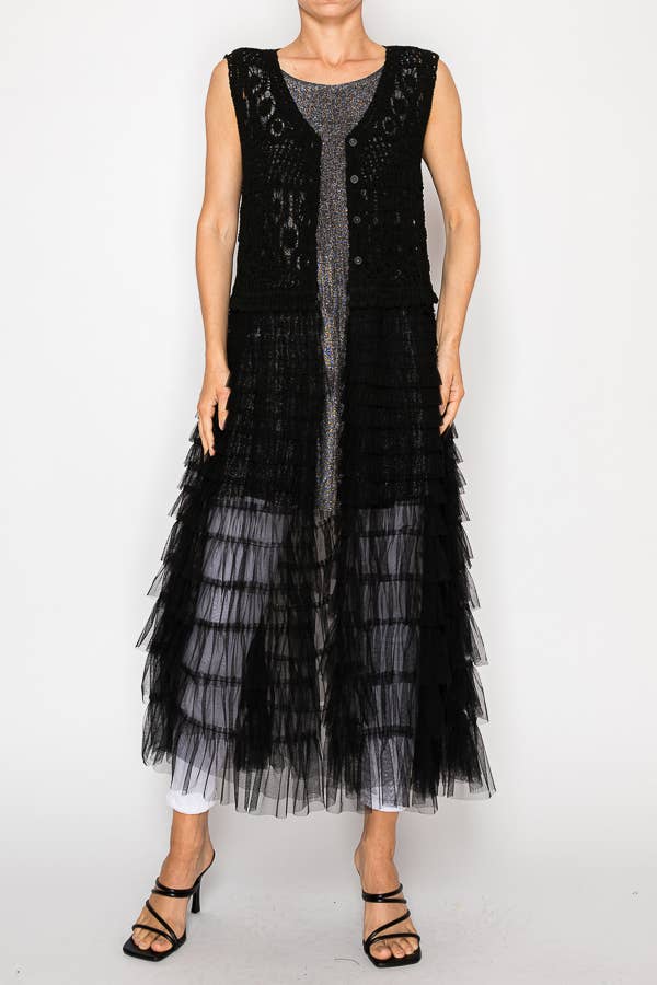 Crochet vest with a long tiered mesh layer