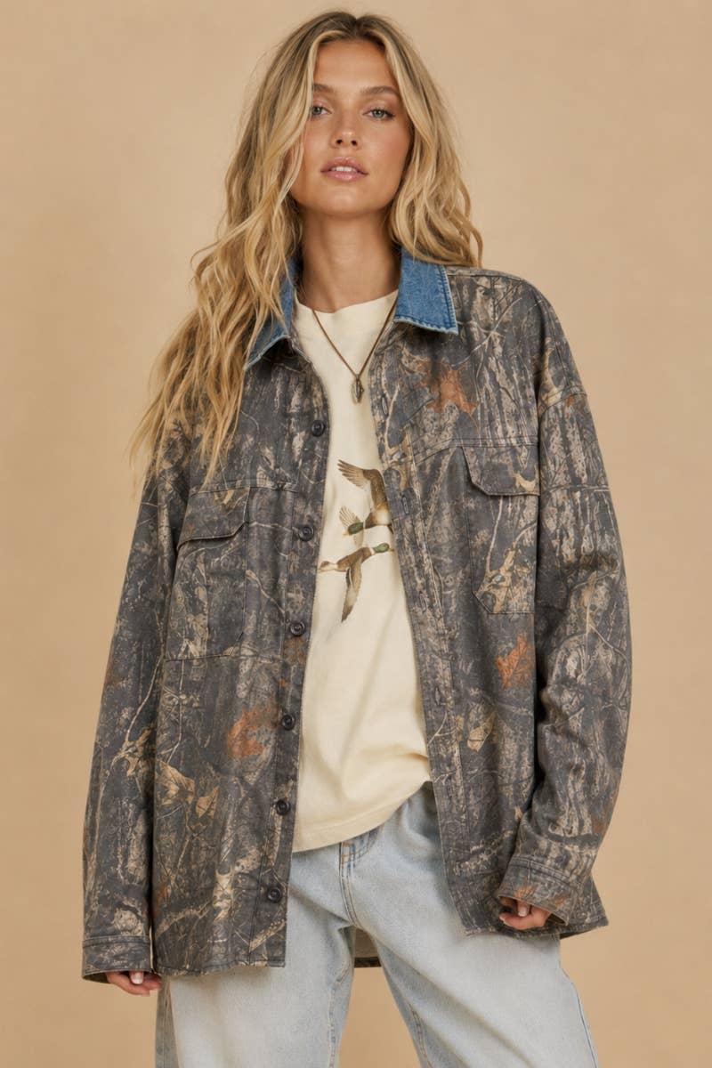 SEPT SHIP Denim Collar Camo Shacket