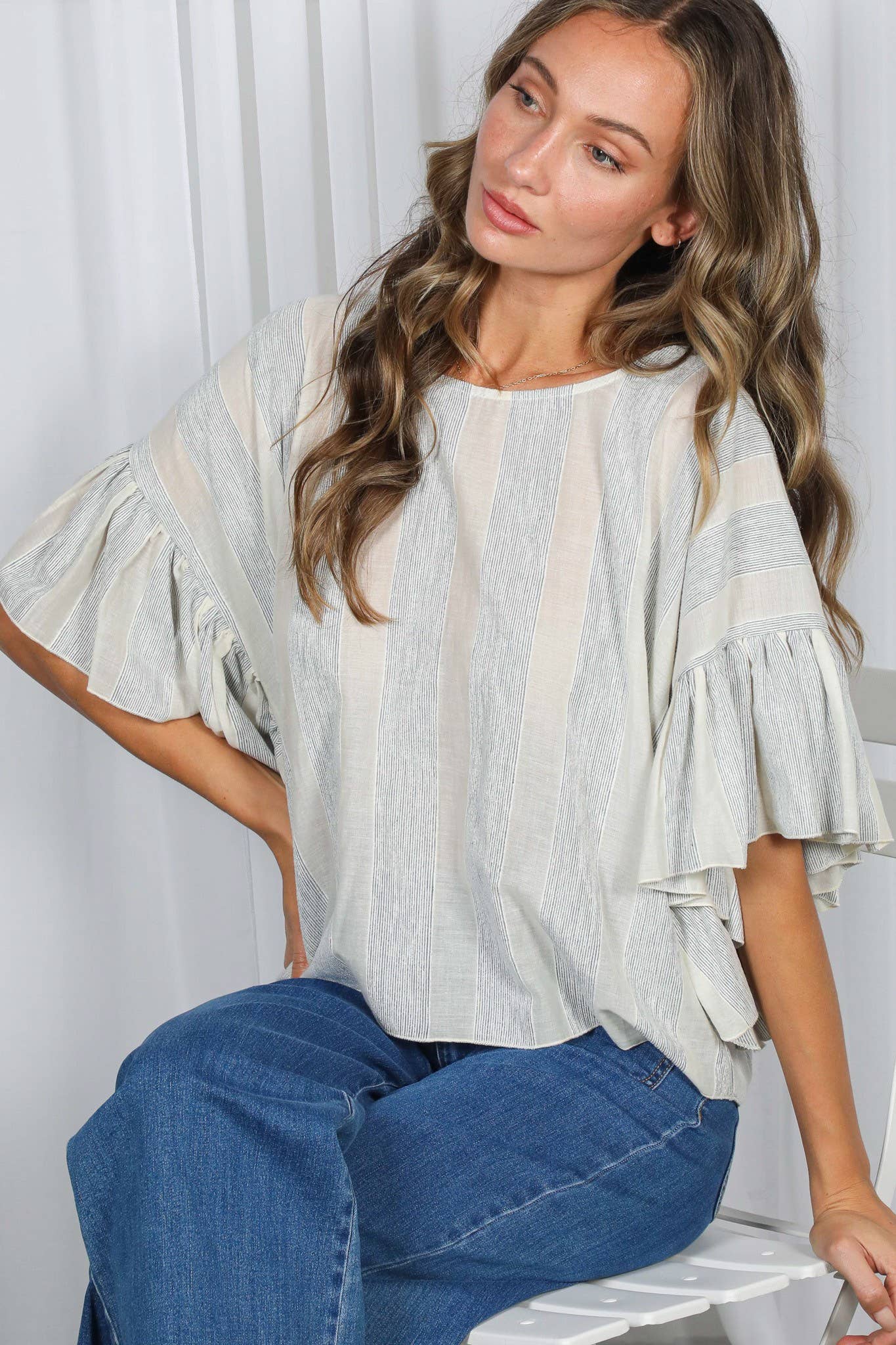 Wild Ruffle Embellished Sleeve Flowy Striped Top VT83104A: Blue