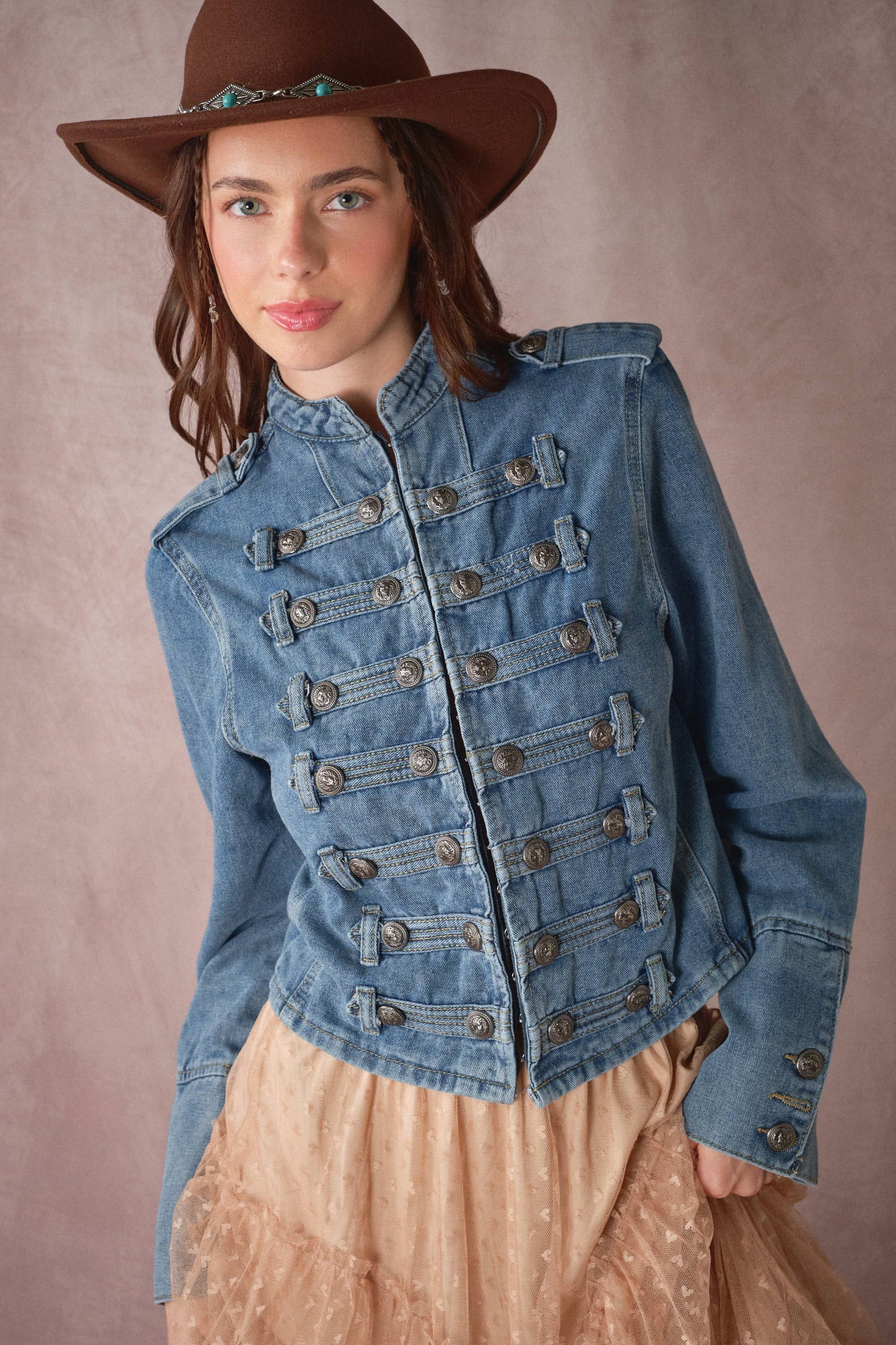 Washed Denim Napoleon Jacket: DENIM