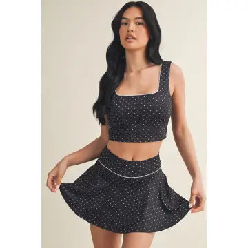 Polka Dot Print Mini Circle Skort with Bow Back and Lace Trim