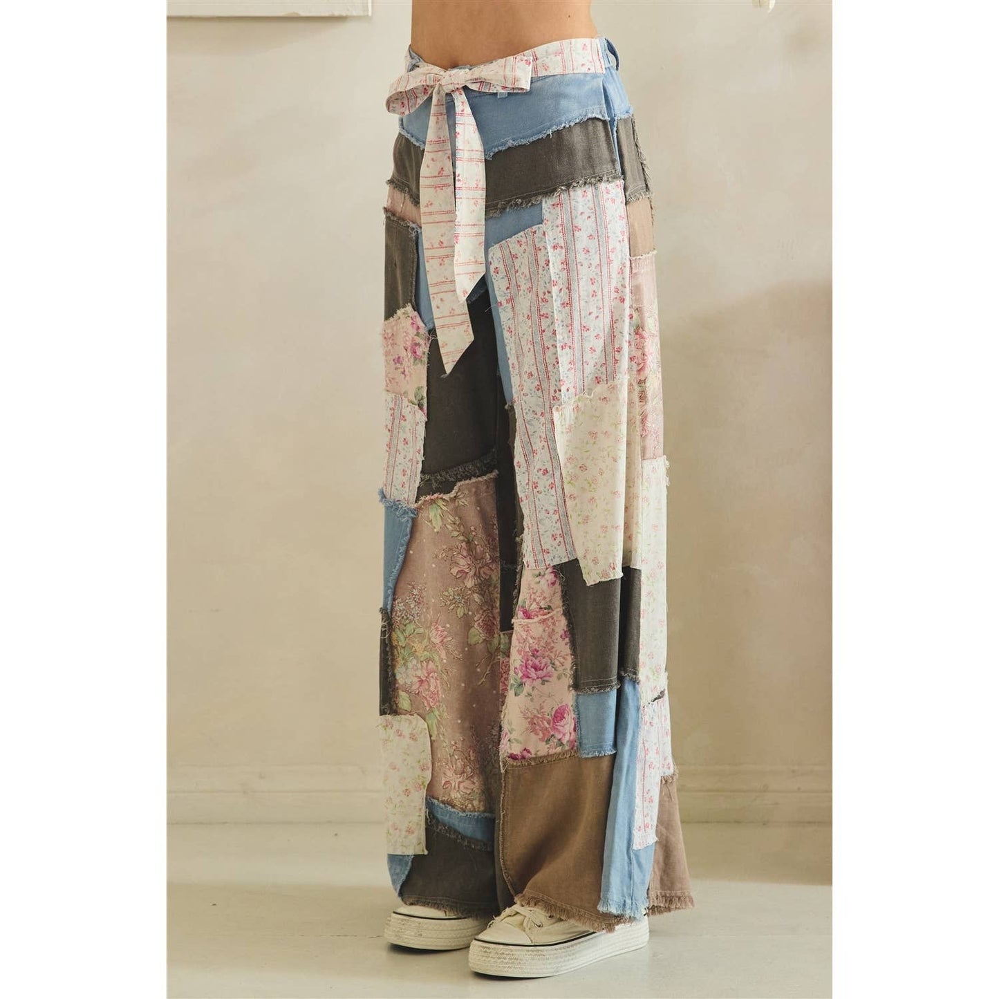 WASHED FLORAL PATCHWORK FLARE PANTS