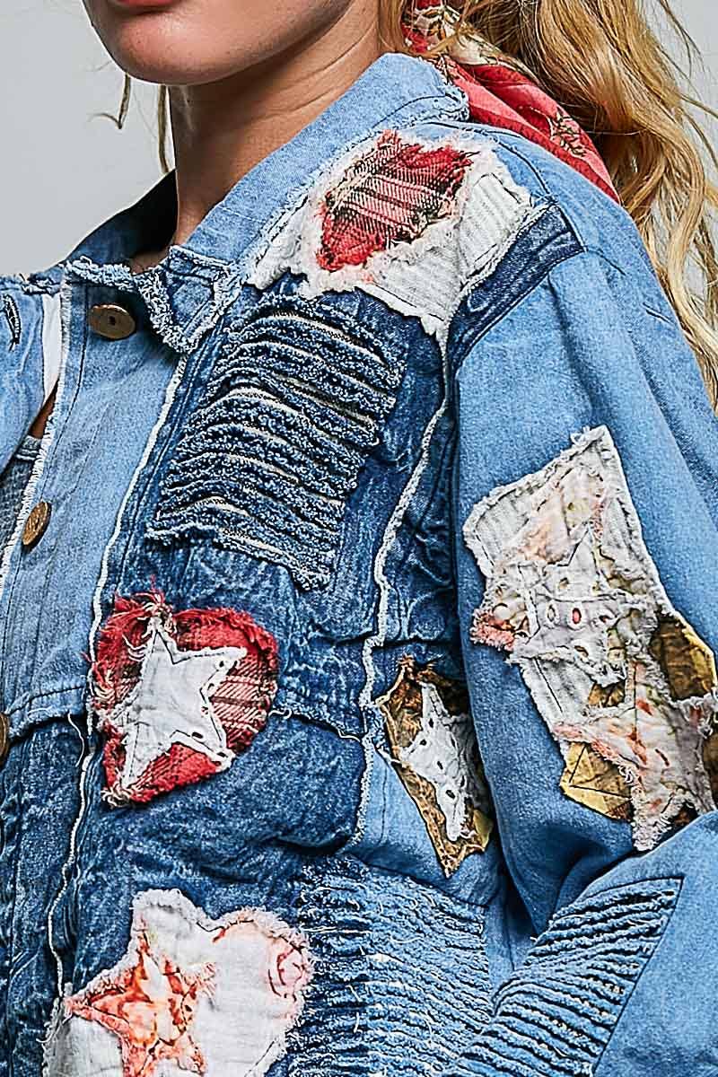 AUG 1st SHIP. Artisan Patchwork Denim Handcrafted Appliqué Vintage Jacket: DENIM MULTI