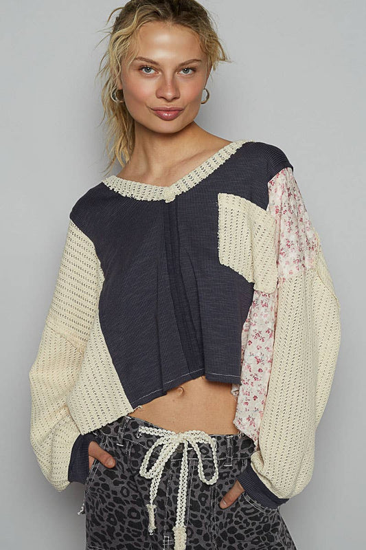 Vintage wash V-neck floral ribbed knit top SALE