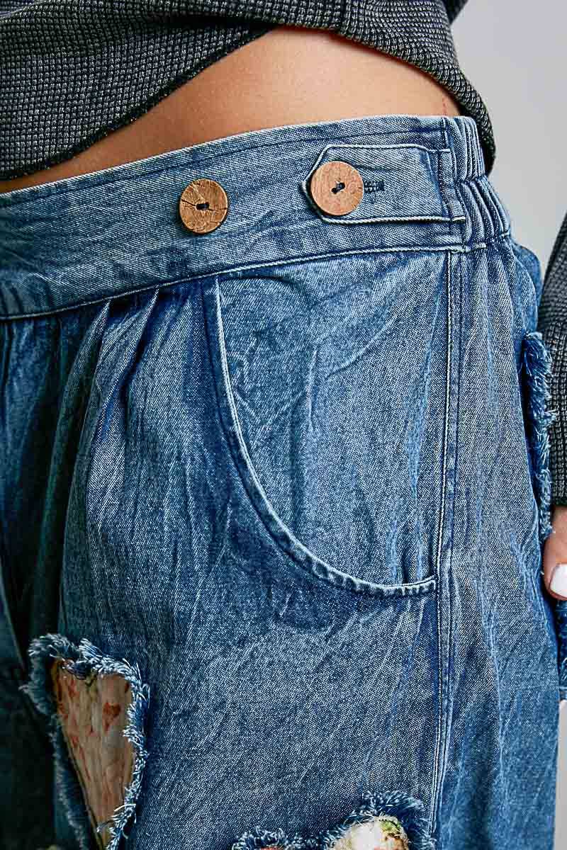 AUG 1st SHIP Patch Elastic Waistband Adjustable Button Woven Pants: DENIM MULTI