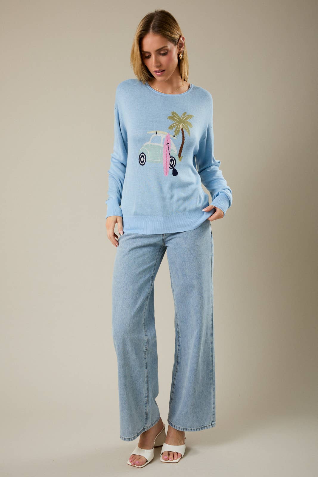 ROUND ROLL UP NECK & SLEEVE "SURF CAR" GRAPHIC SWEATER