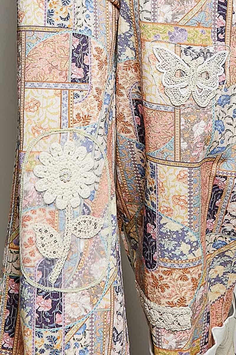 POL Floral Crochet Pearl Patch Roomy Fit Twill Overalls