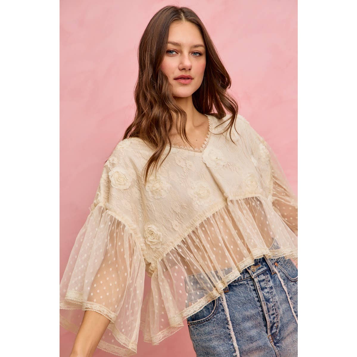 FLORAL APPLIQUE LACE FLOWY V NECK BLOUSE TOP: CREAM