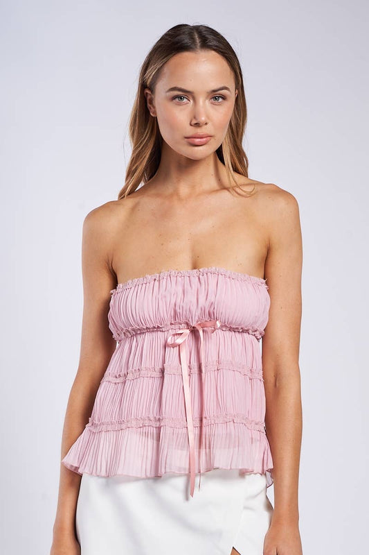 SOFT CHIFFON RUFFLE LACE TRIM TIERED TUBE TOP