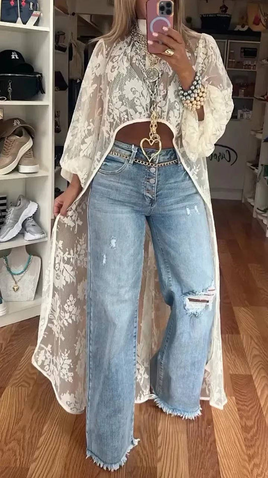 Bohemia Floral sheer mesh blouse w high-low hem