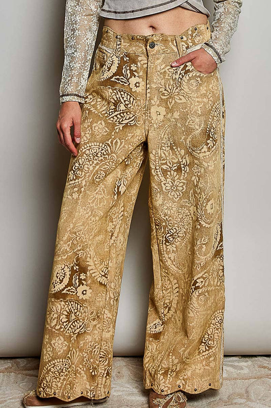 AUG SHIP POL Vintage Washed Raw Edge Elastic Waist Straight Pants