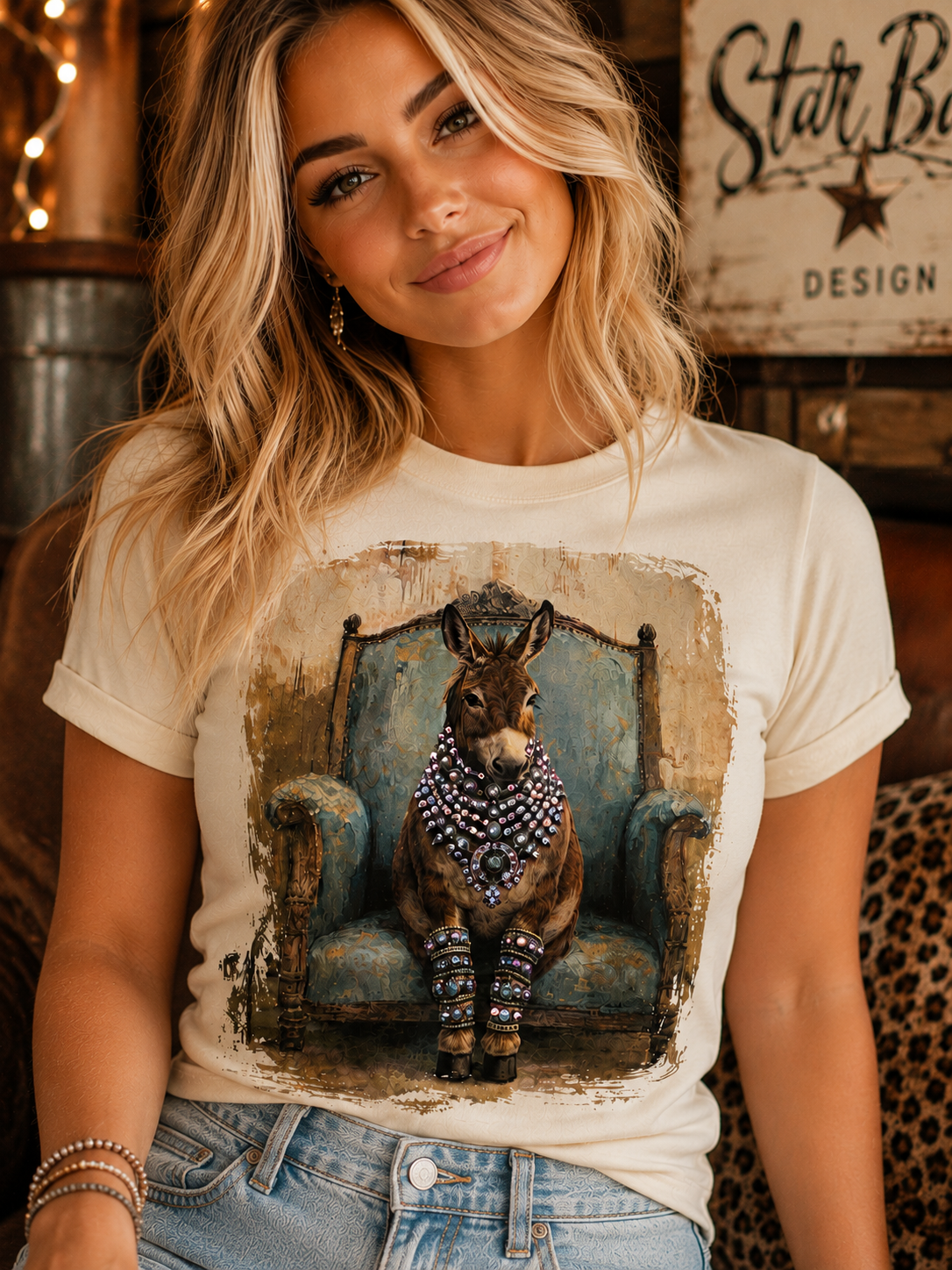 Donkey in Turquoise Chair Tee with Crystals