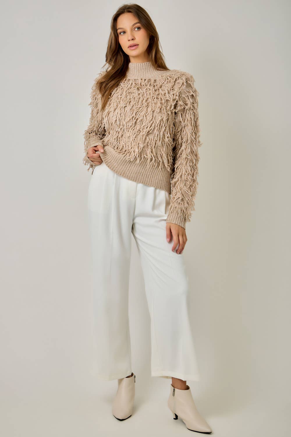 61640 Shaggy Knit Pullover Sweater: Ivory