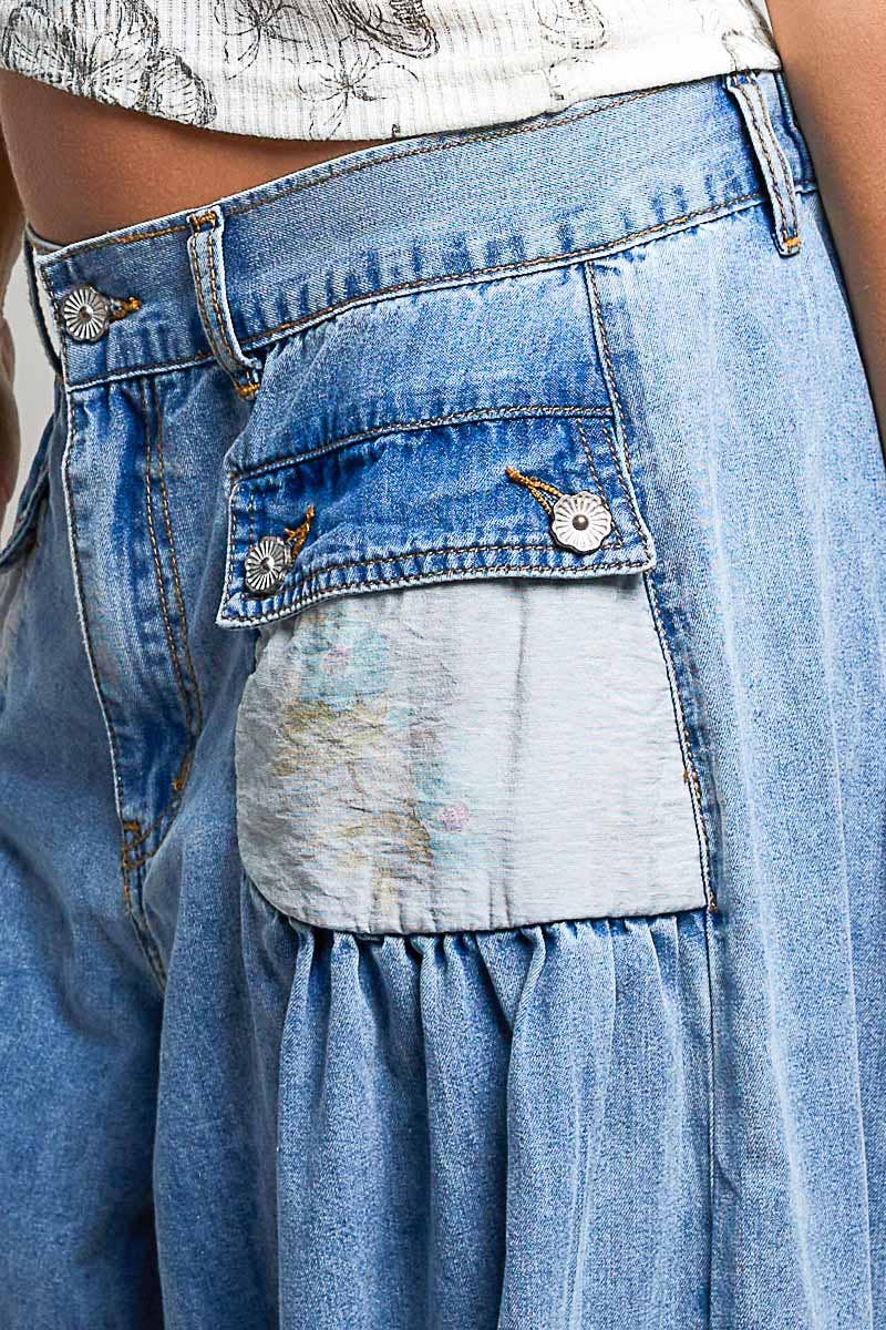 JUNE SHIP POL High-Rise Floral Metal Button Shirring Detail Jogger Pants