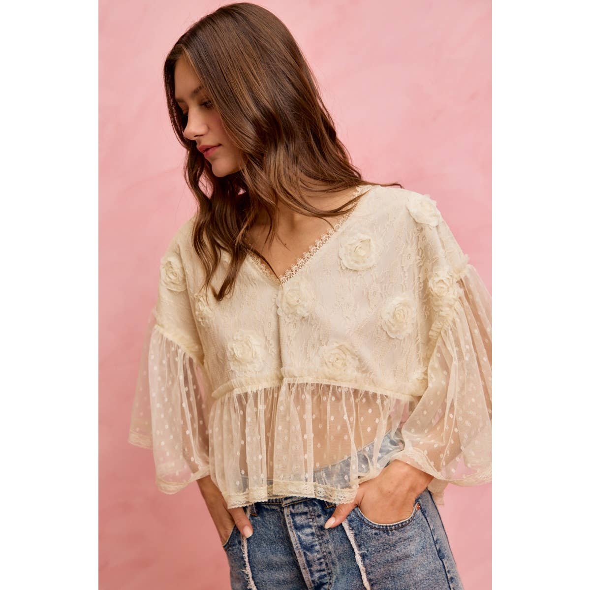 FLORAL APPLIQUE LACE FLOWY V NECK BLOUSE TOP: CREAM