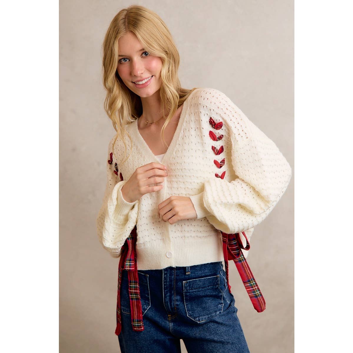 WRAPPED WITH A BOW CHRISTMAS CHECKERED PLAID TAPE LACE TEXTURE SWEATER CARDIGAN