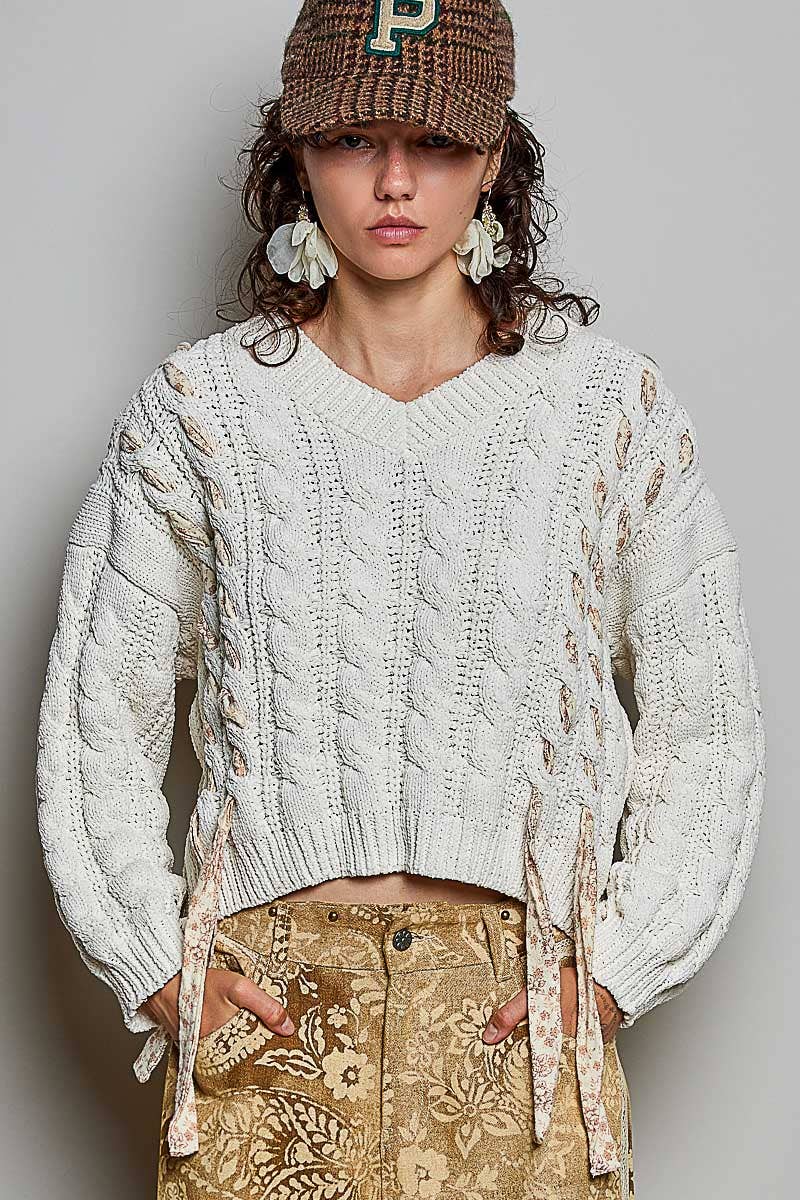 Chenille V Neck Balloon Sleeve Tie Detail Sweater Top: CREAM