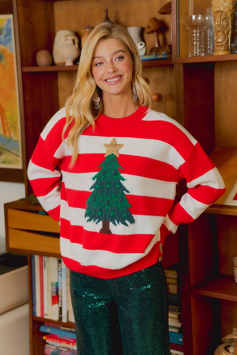 CHRISTMAS STRIPE AND TREE APPLIQUE KNIT TOP